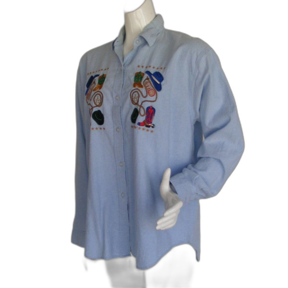 Chambray Top, L, Blue, Western Embroidery/Boots & Hats, Long sleeves, Buttons - Picture 4 of 14